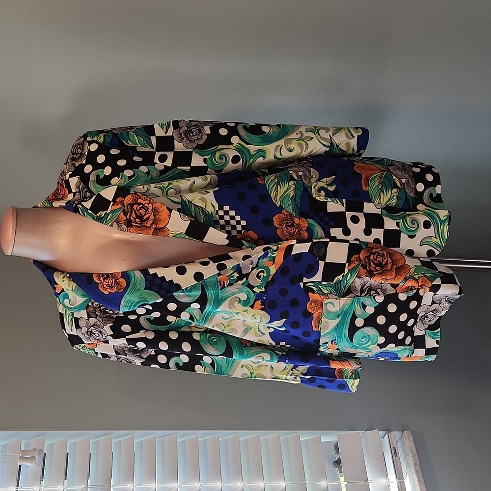 Vintage 1980s Long Blazer Polka Dots Mixed Pattern Retro Small